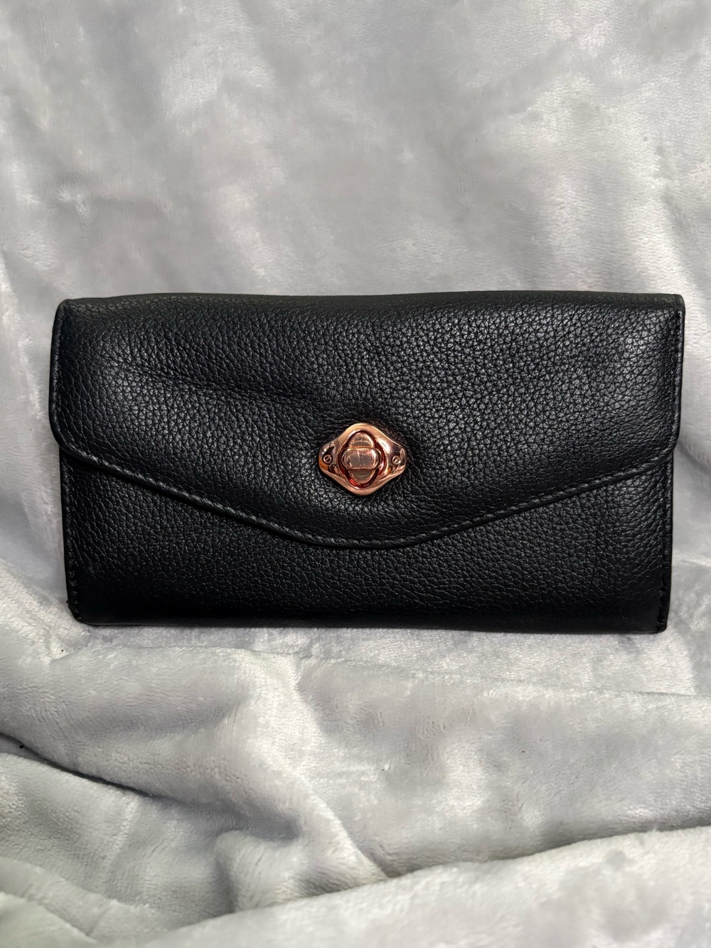 Aimee Kestenberg Black Leather Envelope Wallet with Rose Gold Tone Hardware
